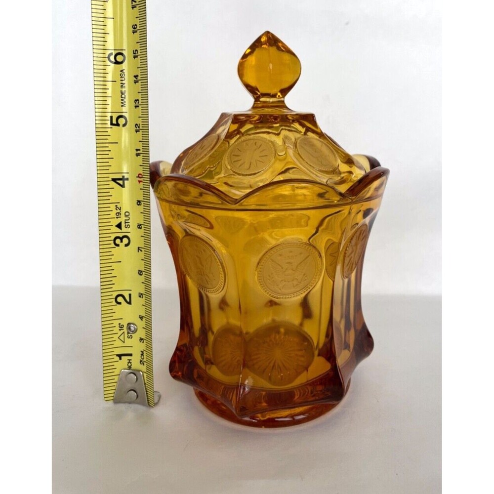Vintage Fostoria Coin Amber Glass Lidded 1887 Candy Dish Liberty Torch Eagle USA - Picture 4 of 9